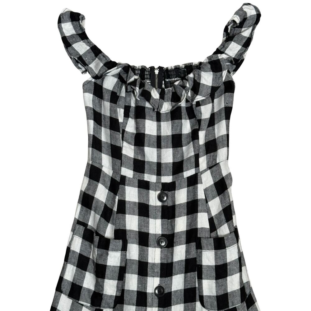 Reformation Hattie Linen Midi Dress Gingham Black White Size 6 Off the Shoulder - Picture 7 of 11